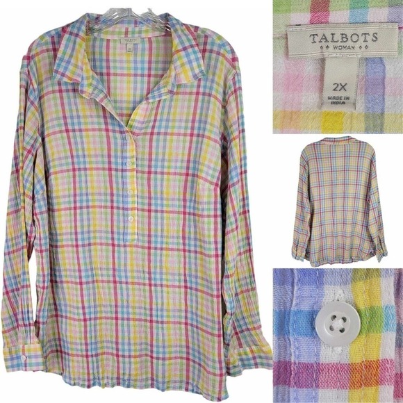 Talbots Button Up Shirt Womens Plus Size 2X Pink Yellow Blue Spring Plaid LS - Picture 1 of 7